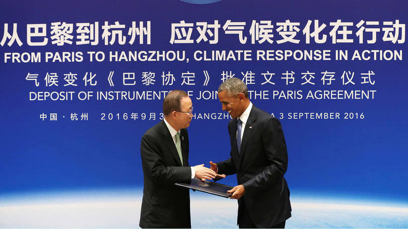 G20: secretário-geral das Nações Unidas, Ban Ki-moon, e o presidente americano Barack Obama, durante ratificação de acordo climático